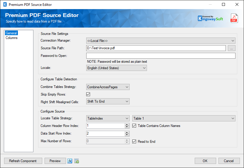 SSIS Premium PDF Source - General Page